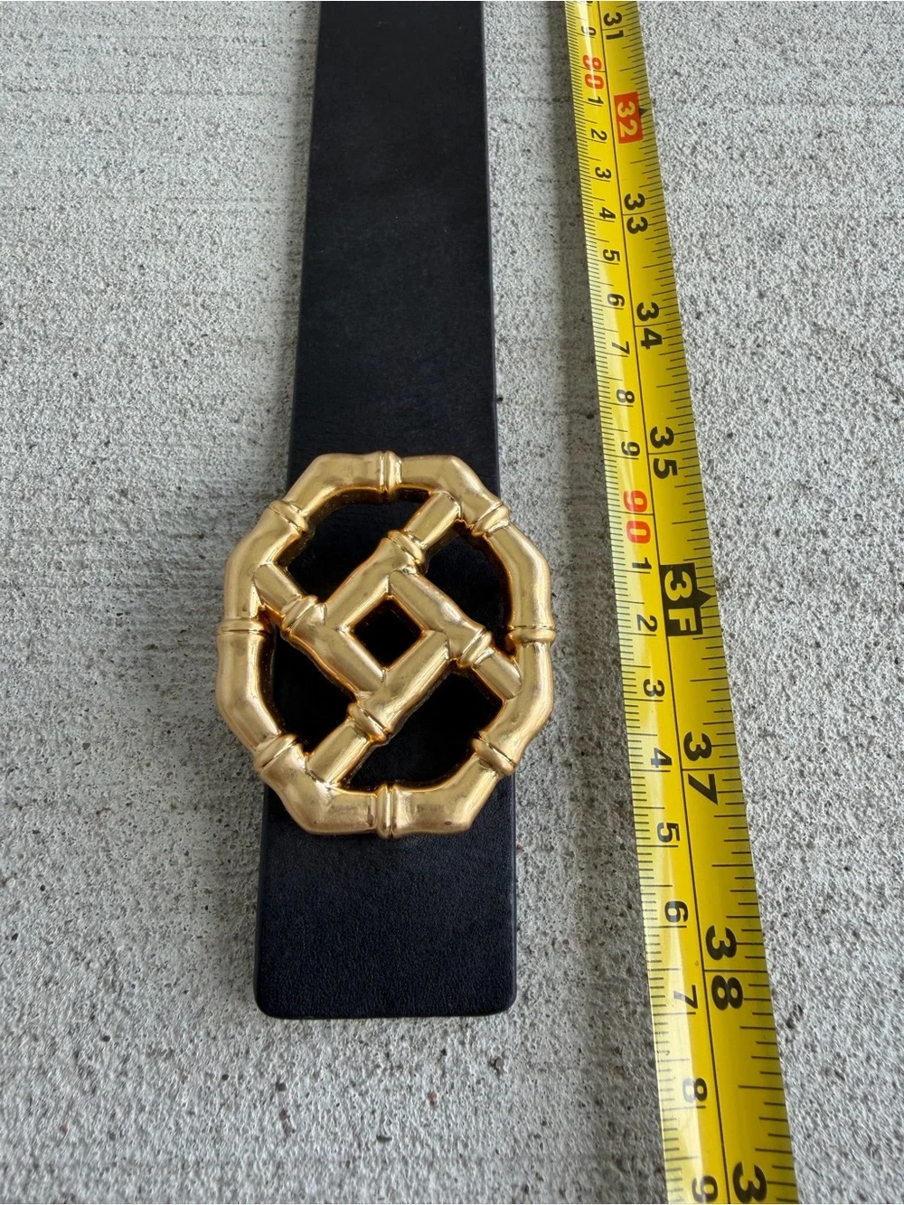 Jr Laughlin Black Leather Belt Gold Bamboo Buckle Size S 38” Wide StatementWaist